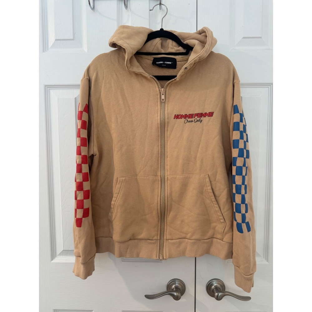 Homme Femme 500 Racing Zip Up Hoodie Tan Mens Medium Checkerboard Streetwear